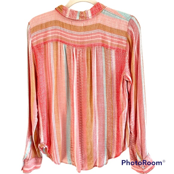 Anthropologie Maeve Calipatria Peach Coral Woven Textile Button Down Top 10 - Picture 3 of 5